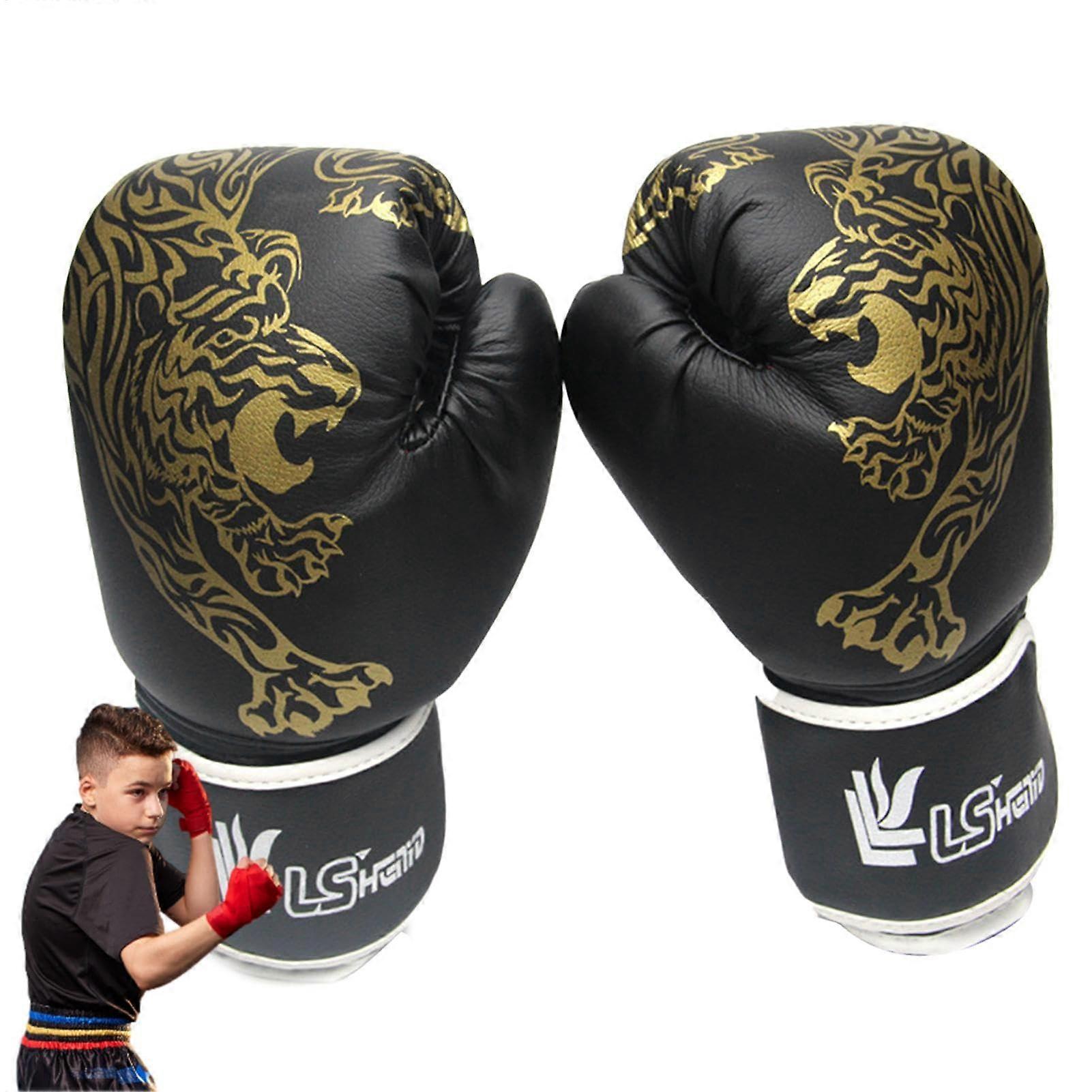 Boxing Gloves Men Boxing Training Gloves Muay Thai Gloves Kids Unisex Leather Tiger Print Black
