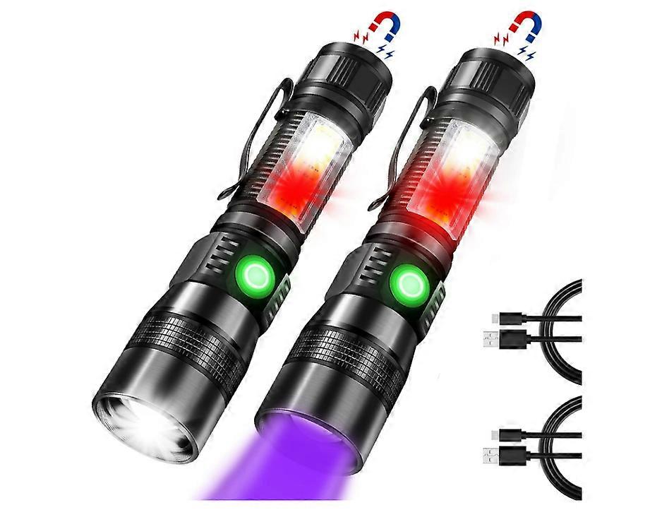LED UV Black Light with Redlight, 1200 High Lumen Magnetic LED Flashlight with COB Sidelight, 7 Mode, Zoomable, Waterproof for Camping 2Pack(Black)