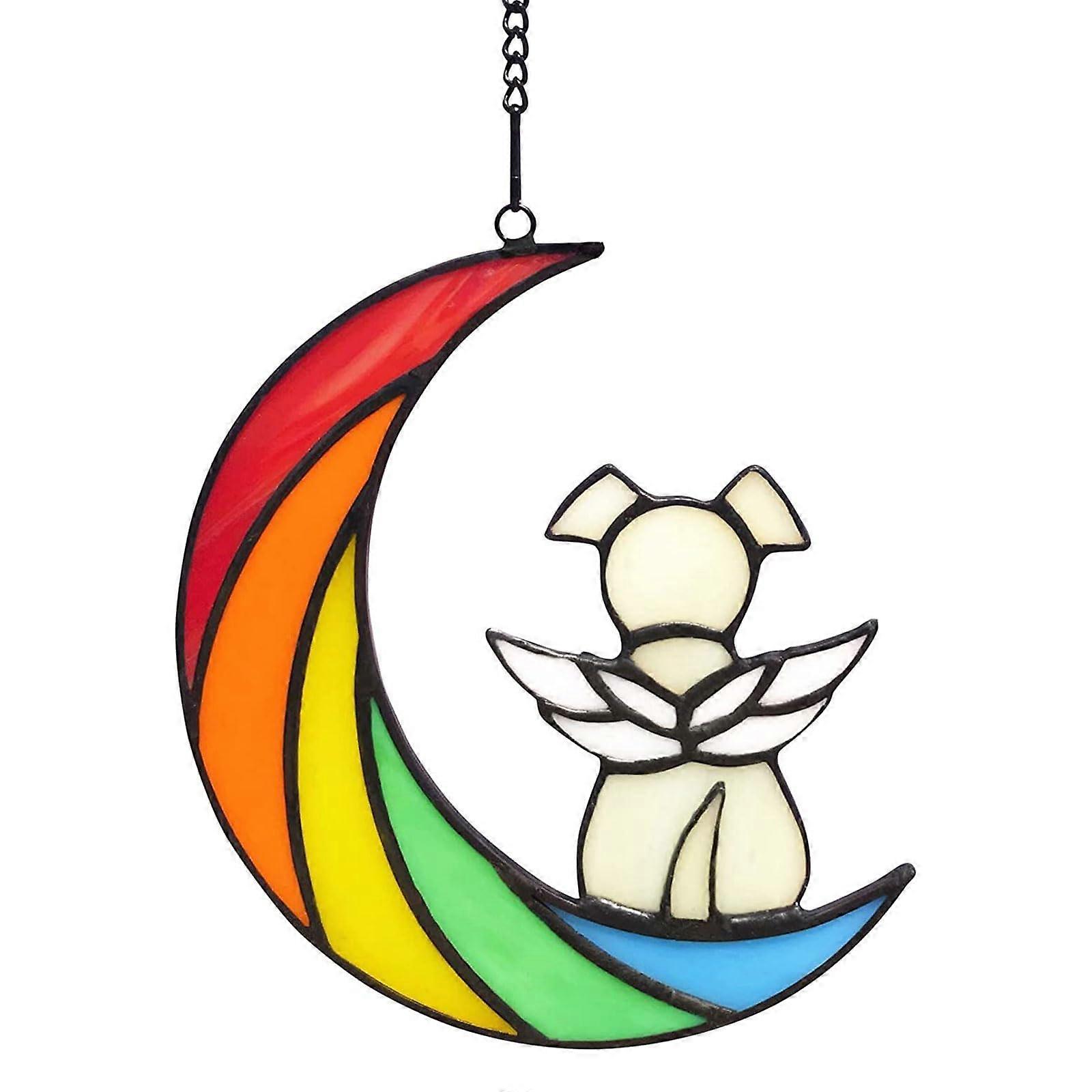 Dog Memorial Gift Stained Glass Window Hanging Panel With Chain Moon Sculpture Handmade Pet Keepsakes MultiColor