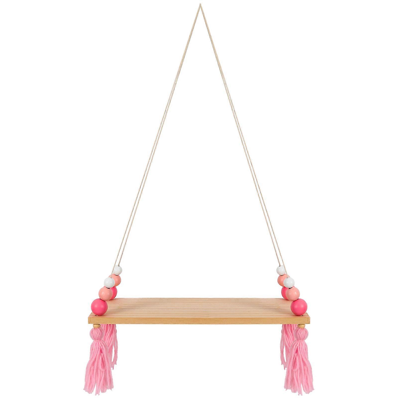 Decor Rustic Wall Shelf Pink Beads Tassel Wood Hanger Kids Playroom 40x14x2cm Storage 1Set