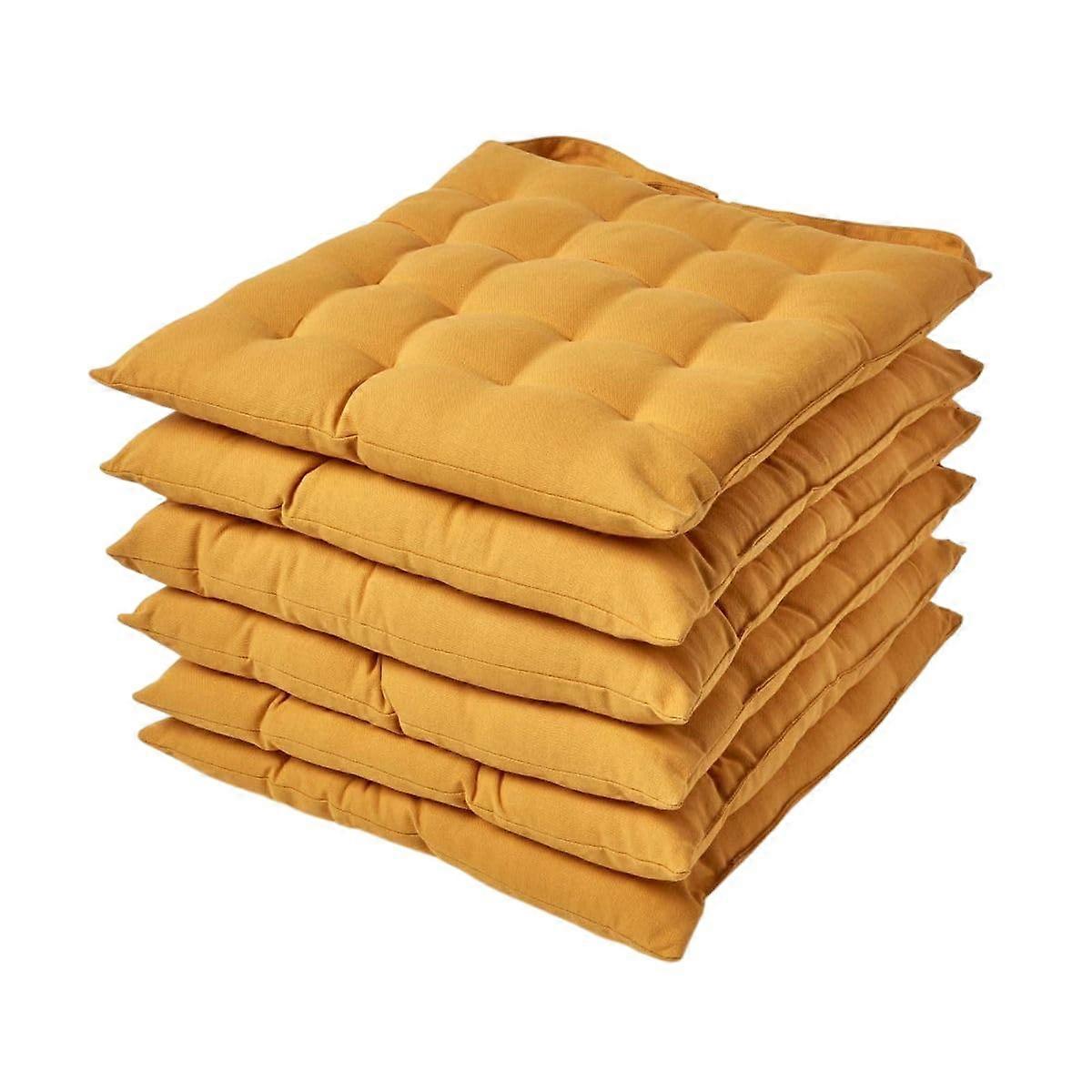 Set of 6 Mustard Yellow Chair Cushions 40x40 cm, 100% Cotton, Soft Polyester Filling, Ties and Button Closure