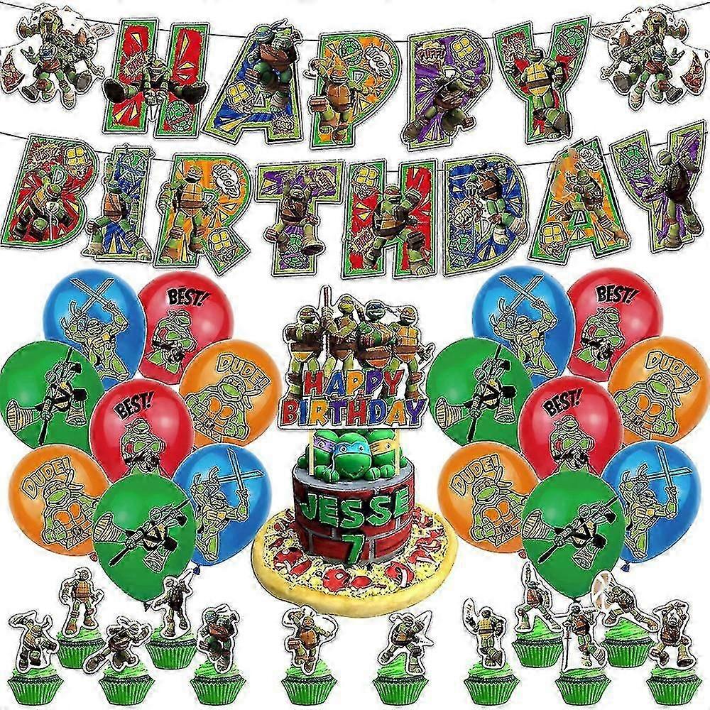 ティーンエイジミュータントニンジャタートルズテーマ誕生日パーティー用品キットバナーバルーンカップケーキケーキトッパーデコレーション-NMAOV