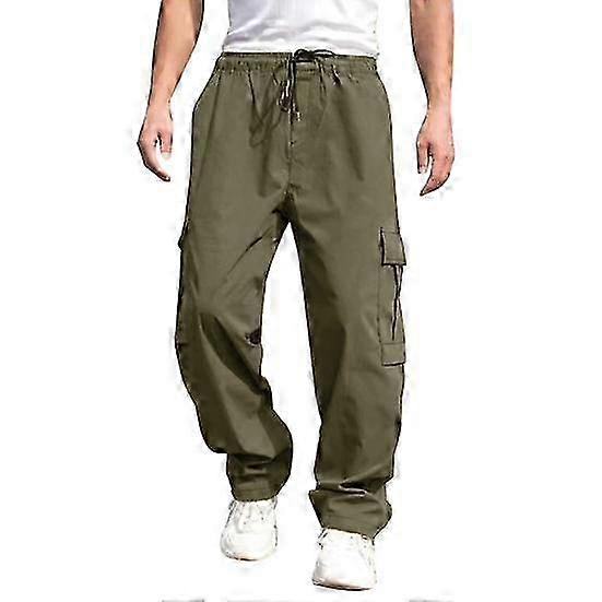 Men's Solid Color Cargo Pants with Multi Pockets - Loose Fit Wide Leg Design & Drawstring Elastic Waist for Comfort
