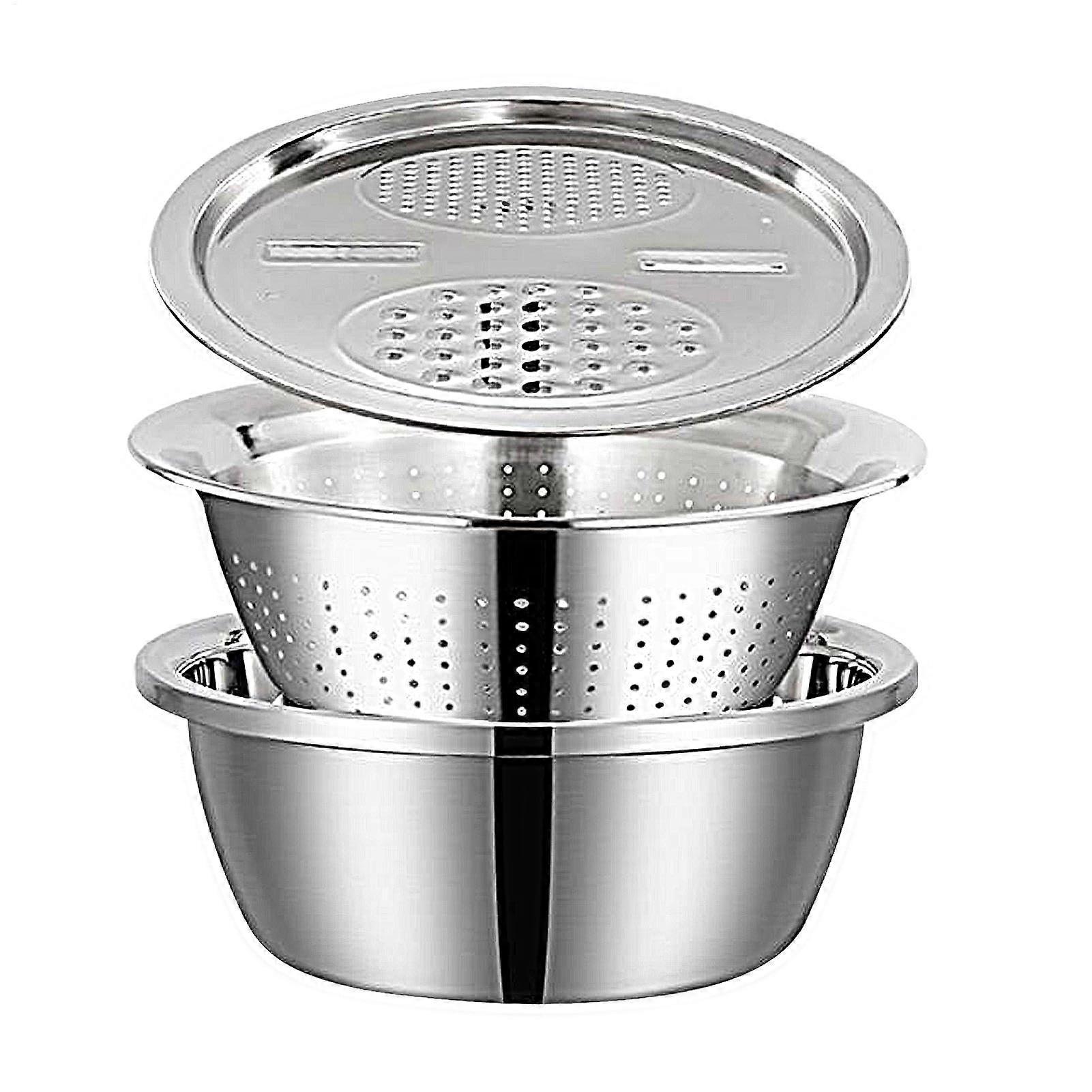 Stainless steel basin with rim, colander set with sieve bowl, washing inflow basket, grater shredding and draining basin for mixing and serving