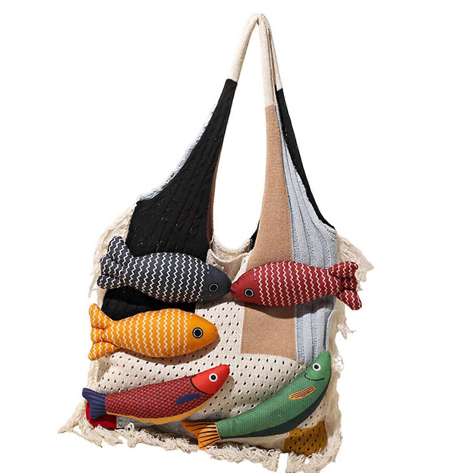 Trendy Patchwork Fish Pattern Oversized Knit Bag Multipurpose Carryall For Daily Use Laptop Books Cosmetics Practical Polyester Construction  White