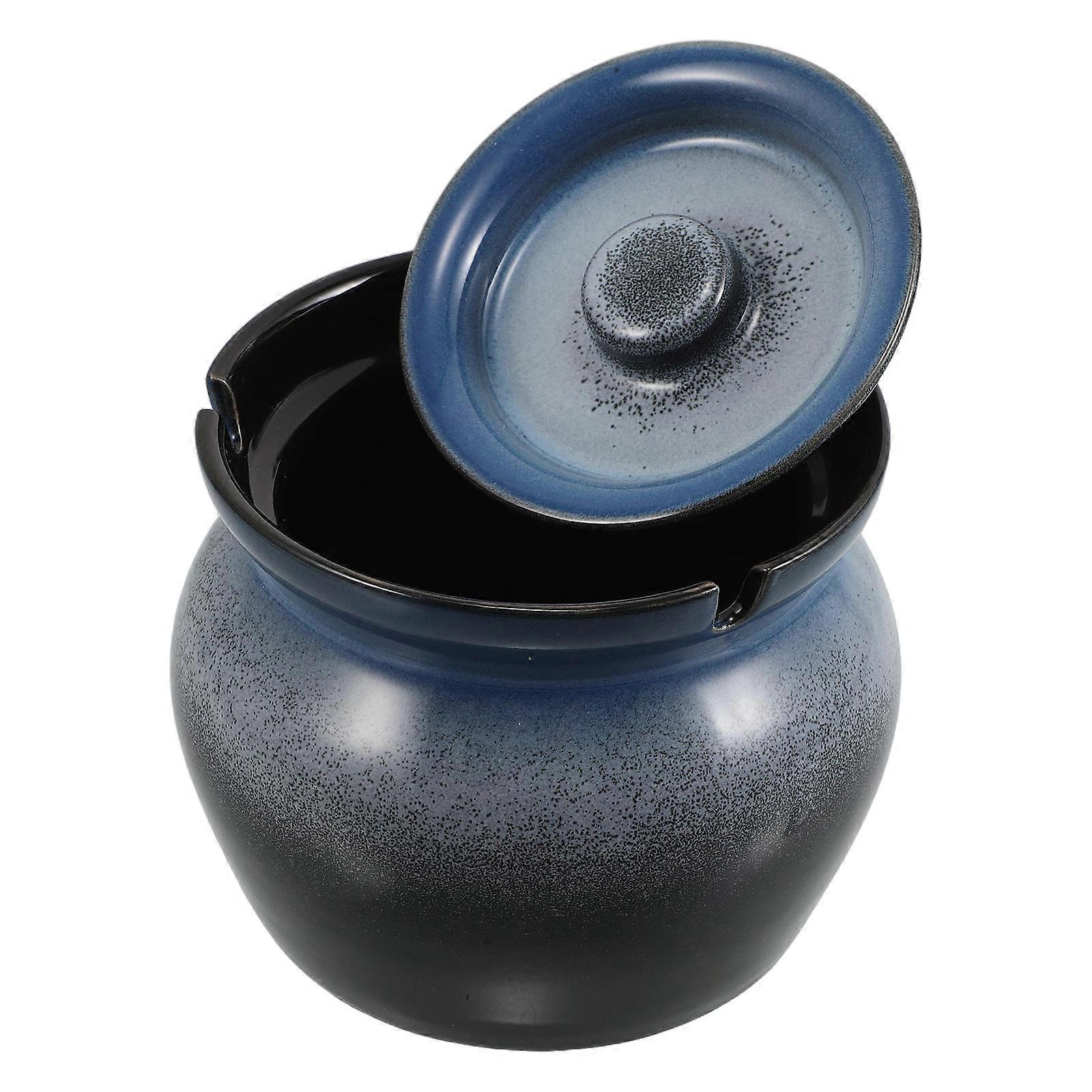Ceramic Ashtray with Lid, Portable Windproof Smoking Tray for Indoor Outdoor Use, Compact Design for Home Patio Balcony, Gradient Blue
