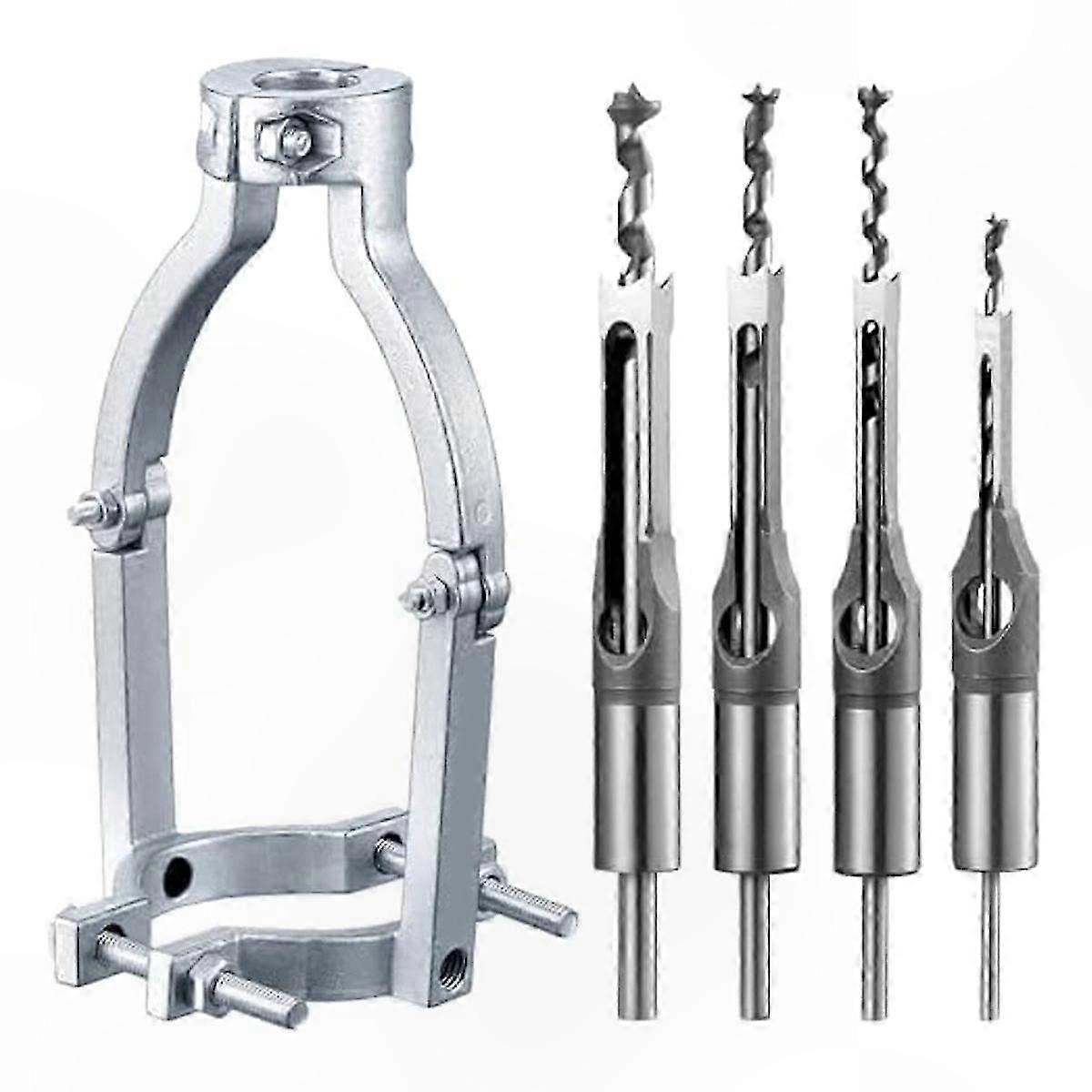 Hollow Chisel Mortise Drill Bit Adapter with 4 Bits for Drill Press Square Hole Cutting Tool Set