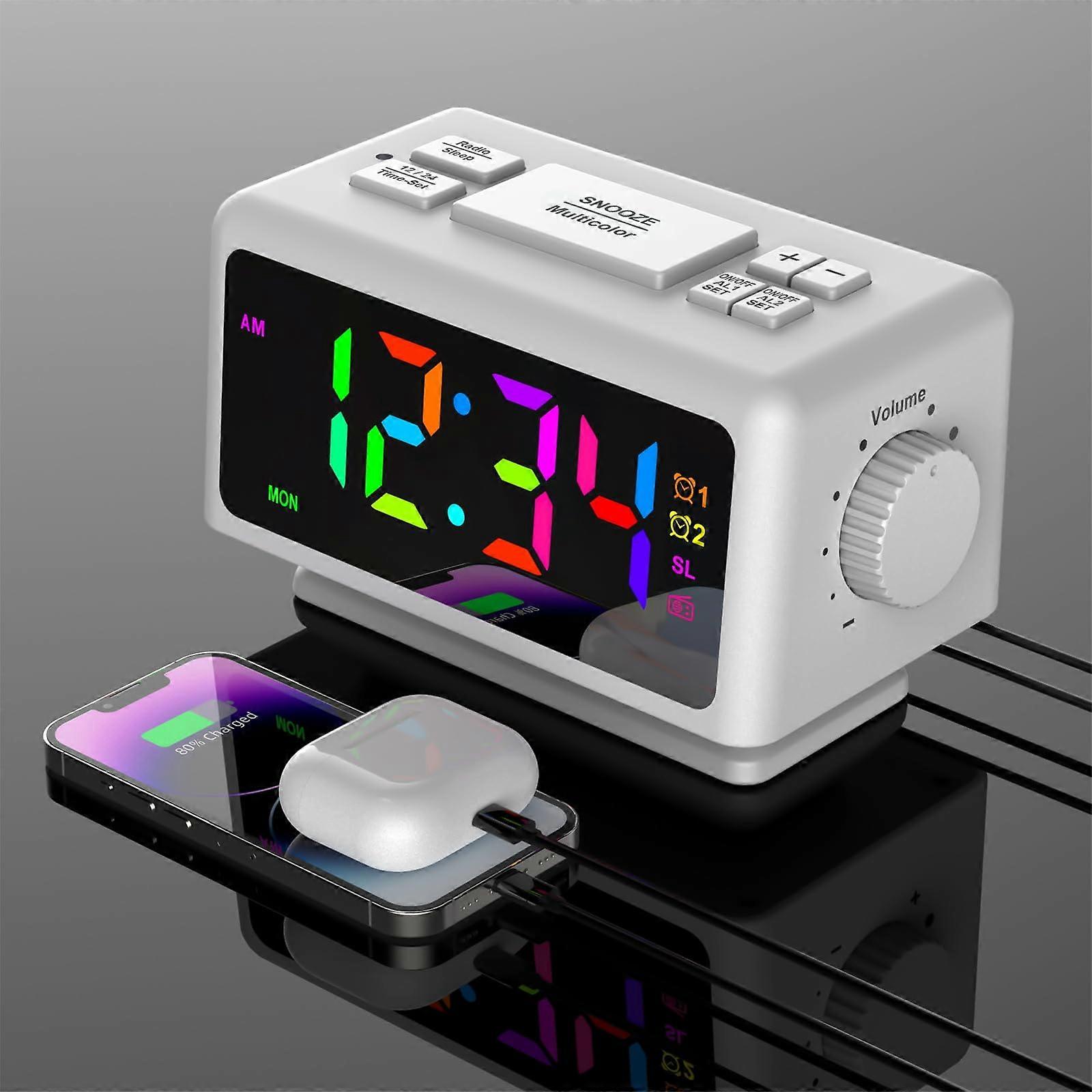 Digital Alarm Clock Radio LED Display 2 Alarm Modes with Timer Adjustable Light and Volume White USB Charging Mode