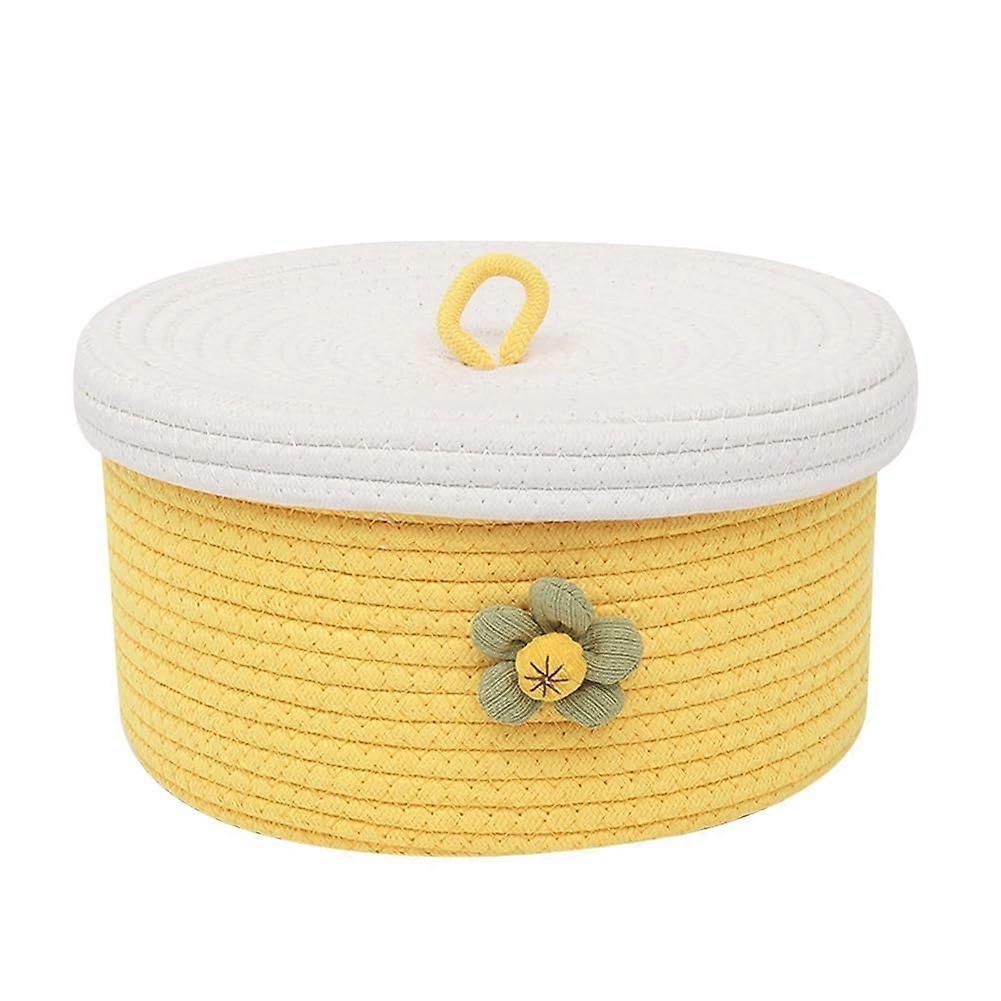 Cotton Rope Basket With Lid Small Size Round Woven Decorative Storage For Organizing Yellow 1 Piece