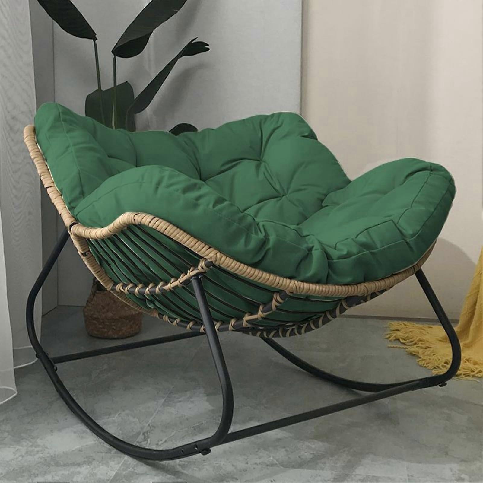 Outdoor Rocking Chair With Cushion, Oversized Rattan Wicker Egg Rocker, Metal Frame, Green, Indoor/Outdoor Patio Seating