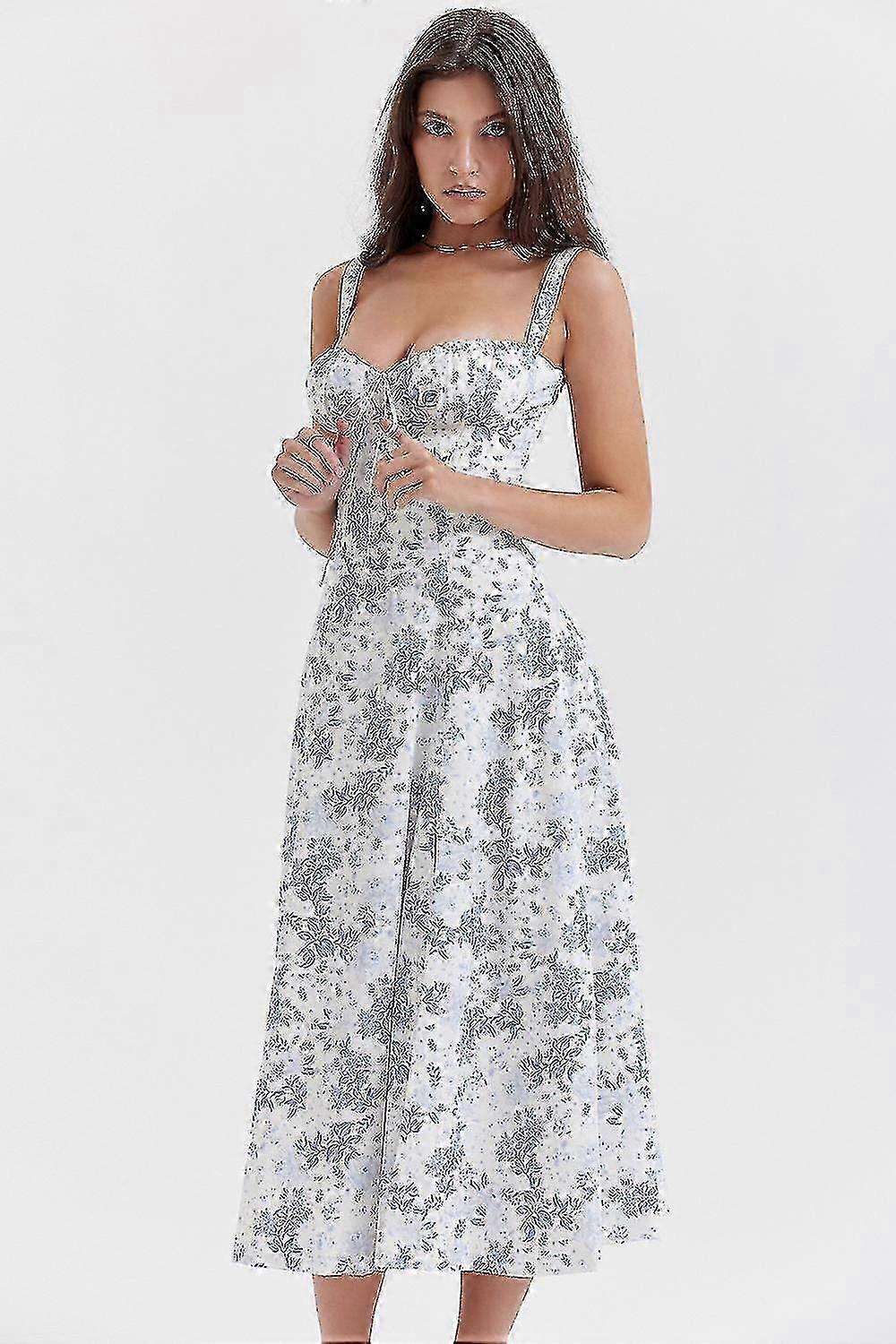 Print Bustier Sundress Dame Blomsterprint Ærmeløs Rynket Buste Split Lår Boho Midi Kjole! ZZ28