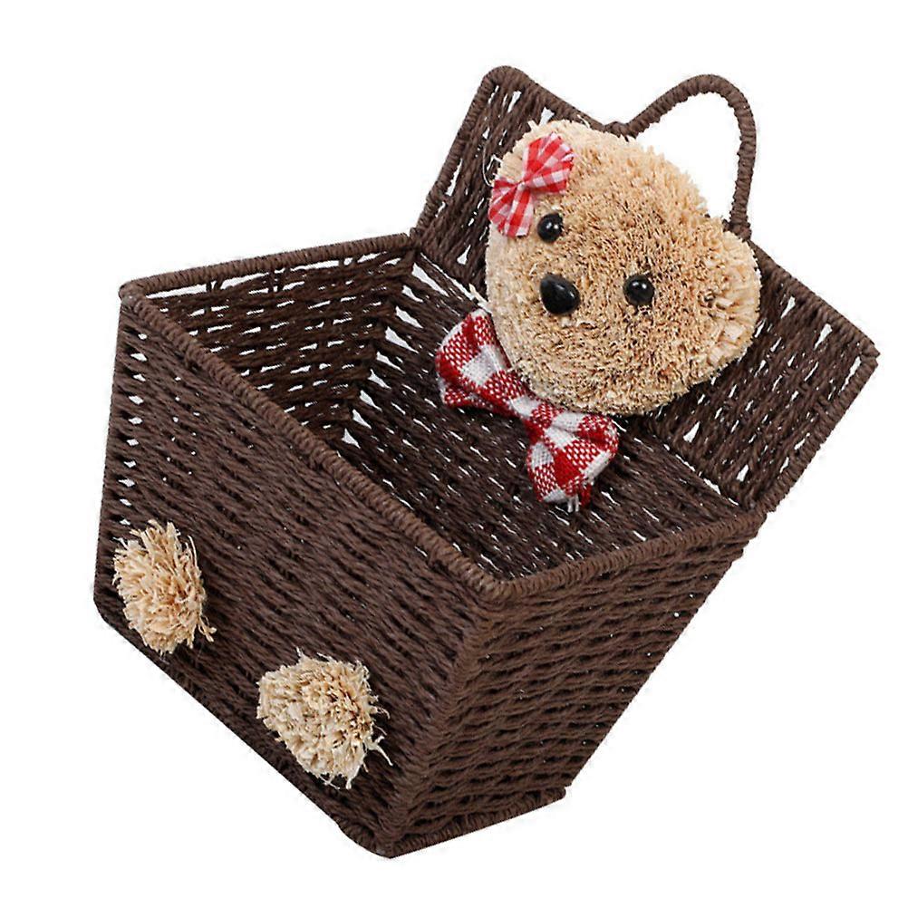 Brown Wicker Woven Basket for Storage Use Cartoon Bear 2Pcs Multifunctional