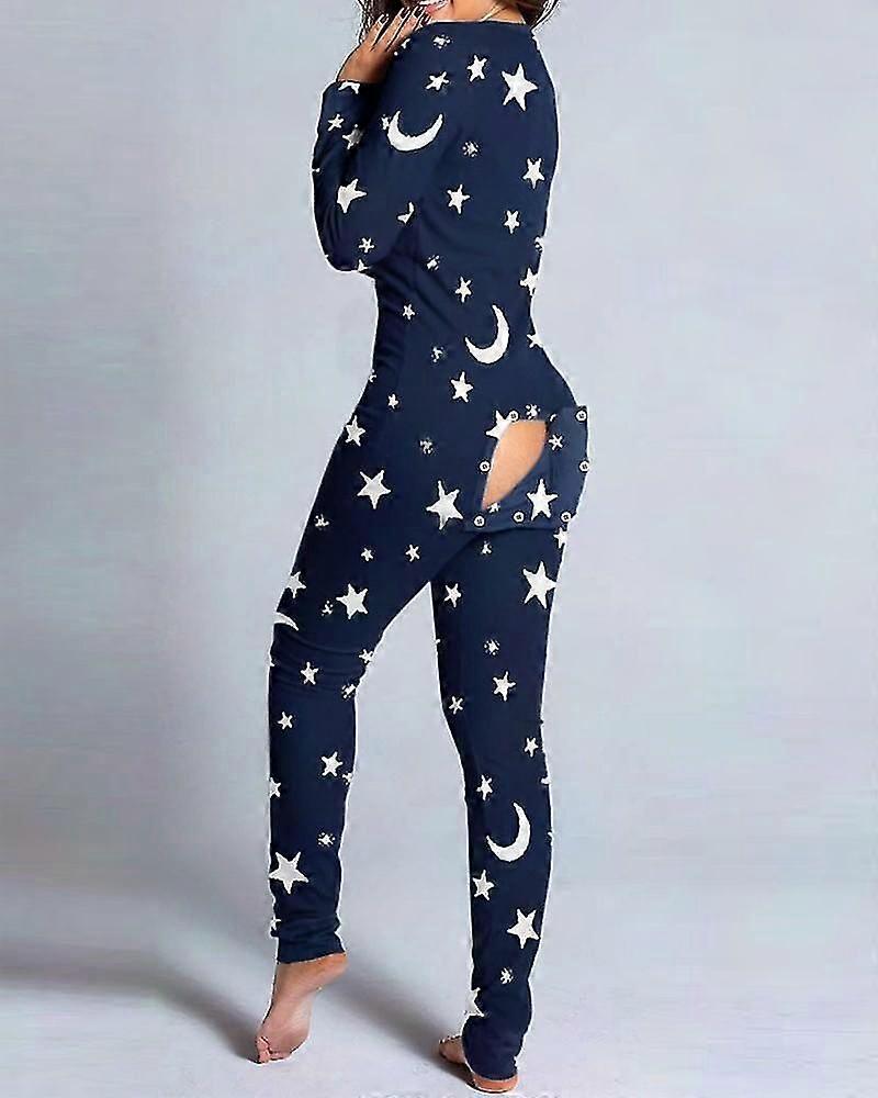 Sexy Christmas Pajamas for Women, Button-Down Front & Back Open Jumpsuit with Xmas Print Loungewear