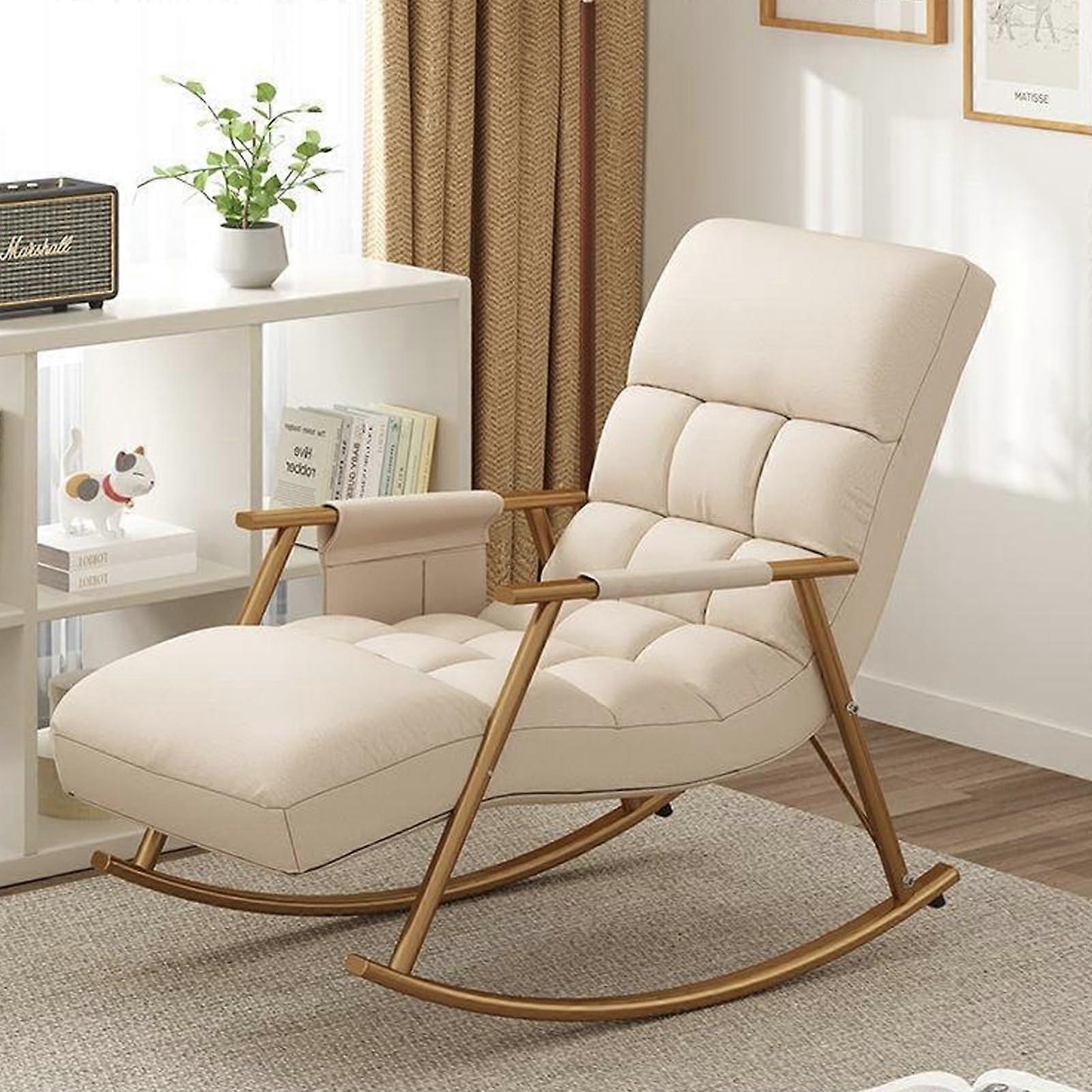 White Comfy Rocking Chair With Padded Cushion For Living Room And Bedroom One Size
