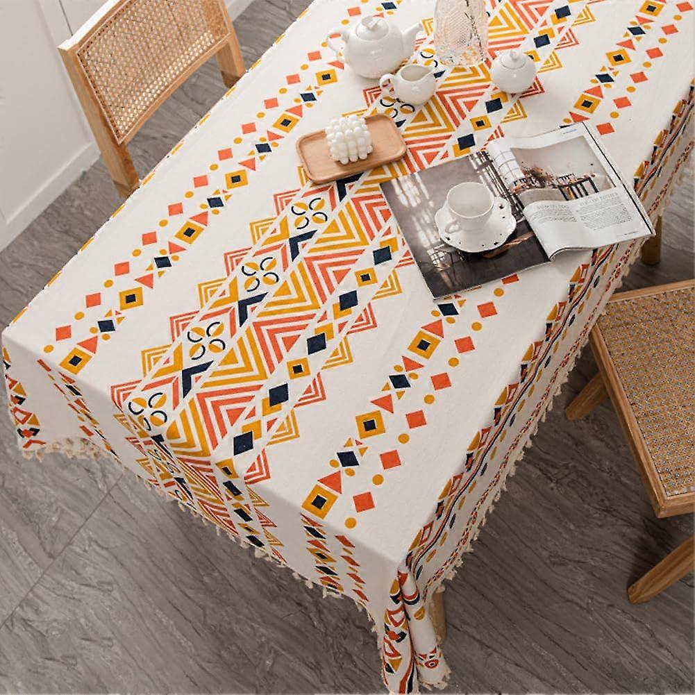 Wipe Clean Cotton Linen Jacquard Rectangular Tablecloth with Tassel Washable Wrinkle and Water Resistant Tablecloth 120x180cm