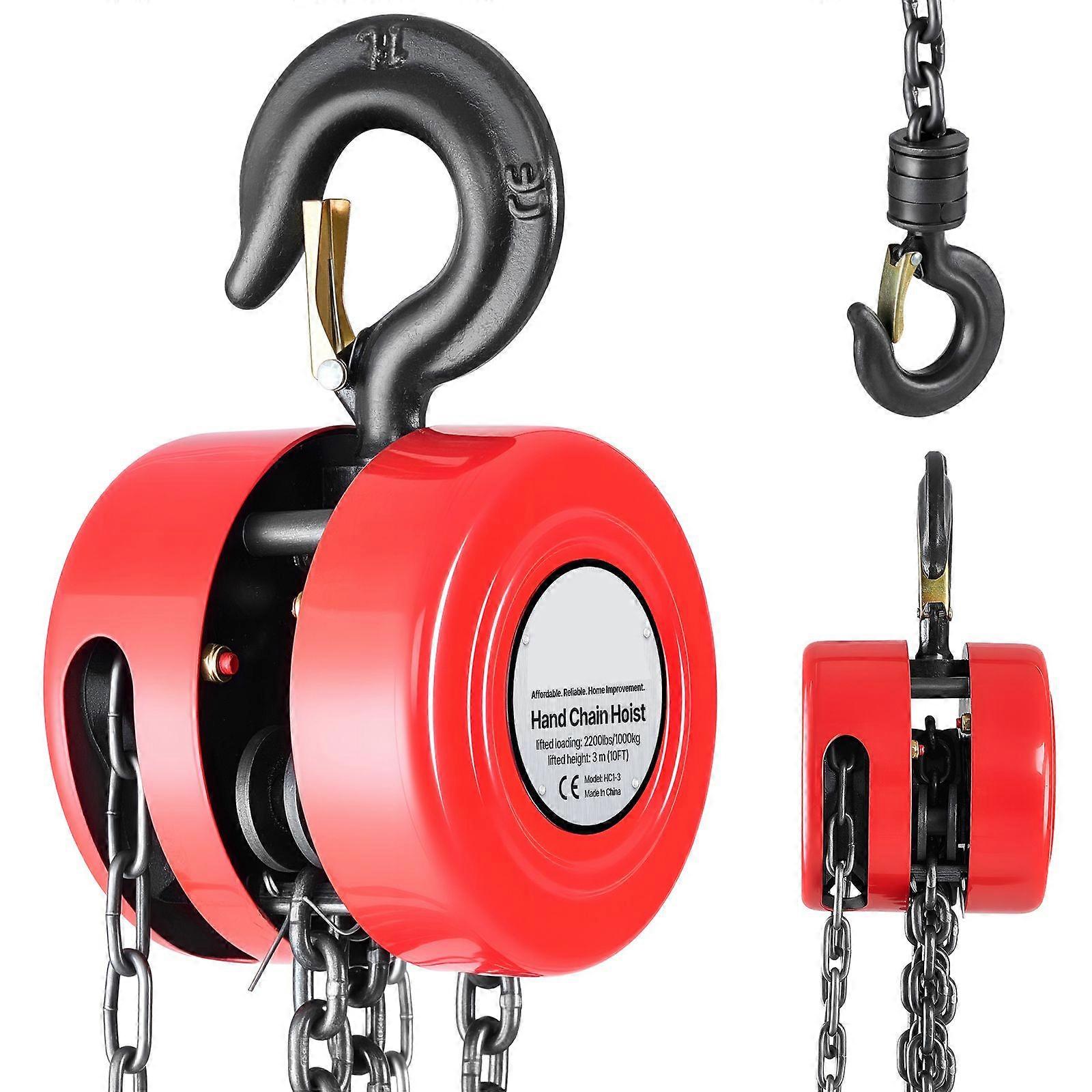 Hand Chain Hoist, 1 Ton Capacity, Manual Chain Block with Upgrade G70 Galvanized Chain, 3 m Lifting Height, Red