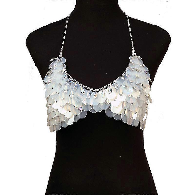 Elegant Women Silver Body Chain Jewelry Fashion Bikini Sequin Bra Rave Outfit
