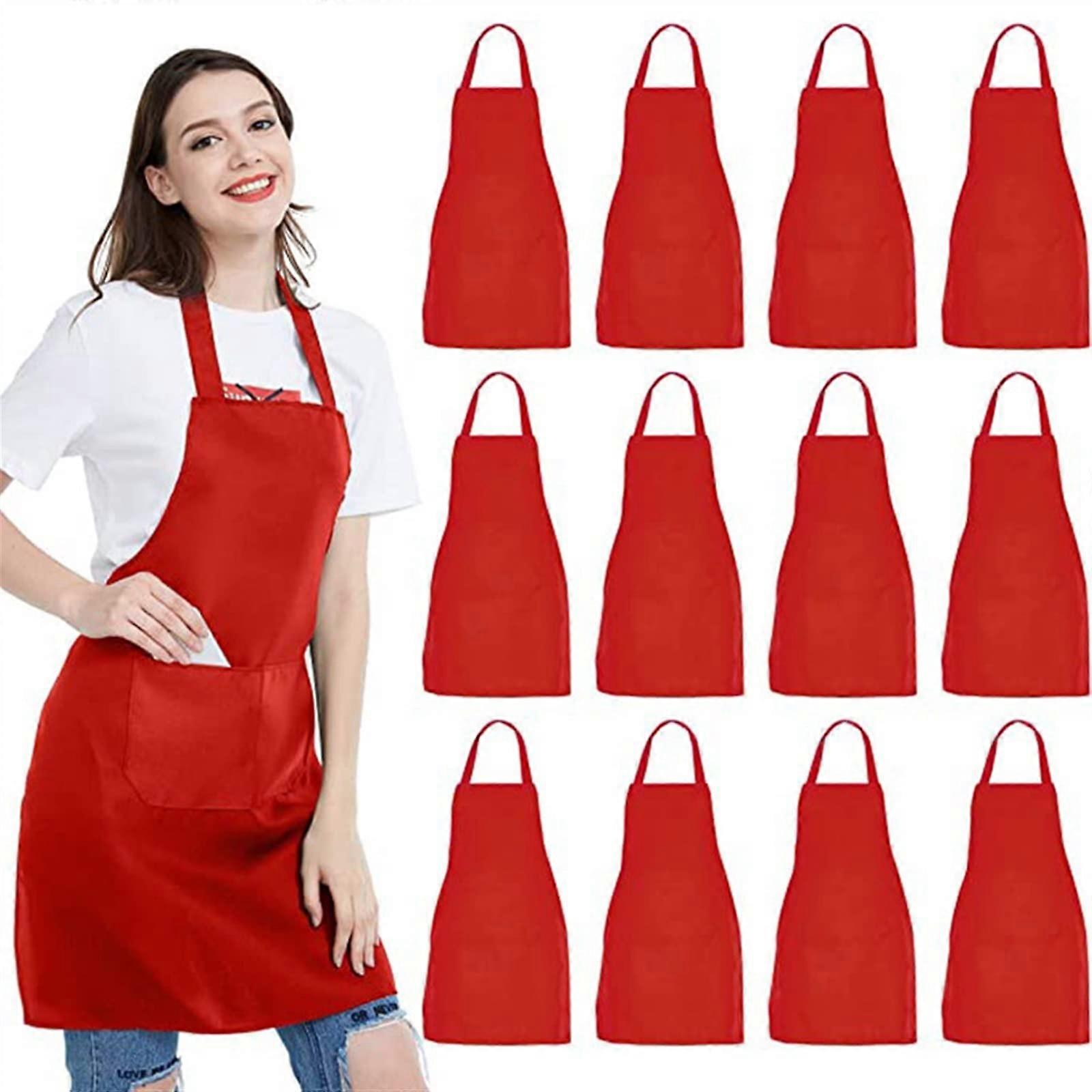 12 Pack Red Bib Aprons with 2 Pockets, Machine Washable Cooking BBQ Crafting Kitchen Use