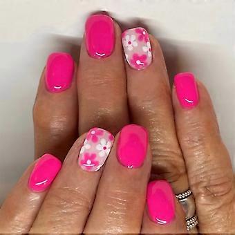 24 Pcs Short Square Press On Nail Flowers False Nail Glossy Nail Tips Full Cover Stick on Nail Acrylic Nail for Woman Multicolor