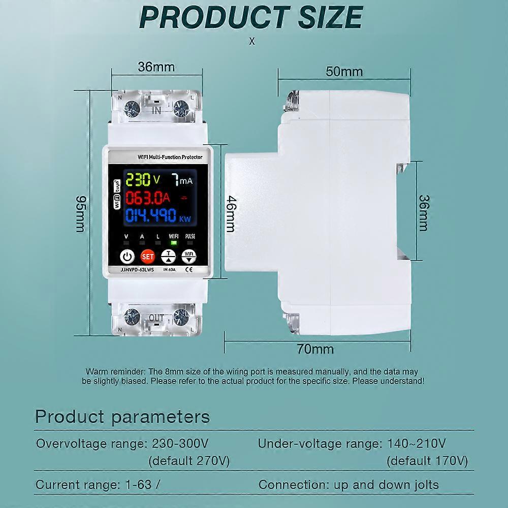 Tuya WiFi Automatic Reclosuring Protector 63A Electric Meter Intelligent Circuit Breaker Voltage Current Leakage Protective
