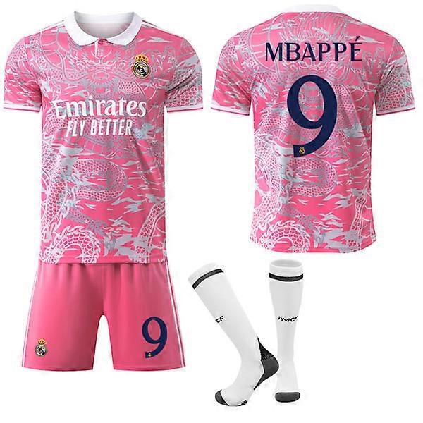 Maillot Real Madrid CF édition spéciale anniversaire, motif dragon rose, numéro 9 Mbappé, taille 25-26, avec chaussettes, taille 9 XXL