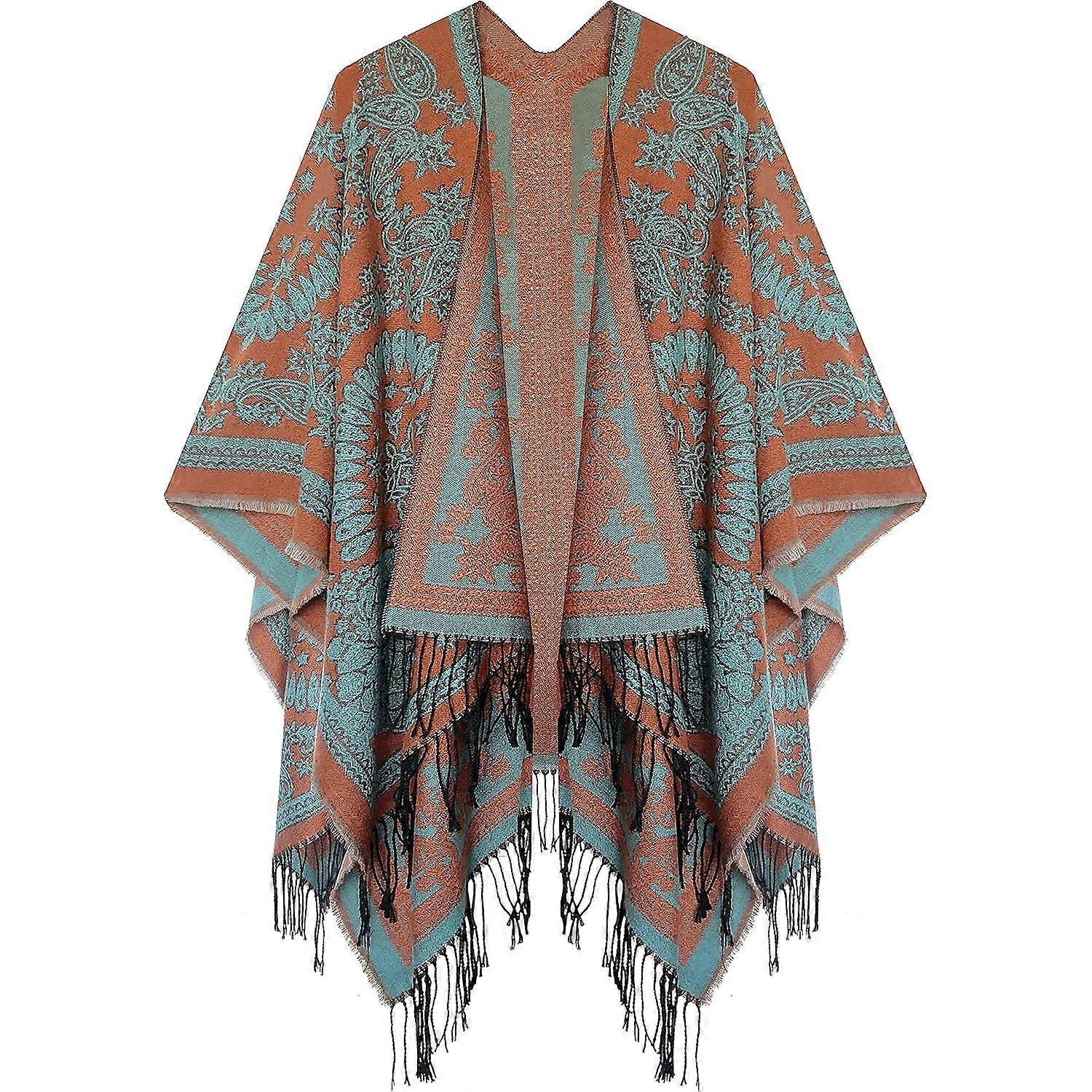 Women's Printed Cardigan Shawl with Front Fringe, Checkered Scarf with Puffed Corner Open Front with Wavy Shawl Wrap（Y0311）