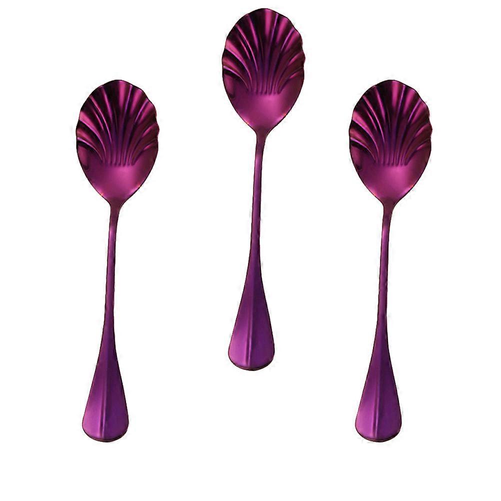 Long Handle Shell Shaped Stirring Spoon 3Pcs Stainless Steel Purple