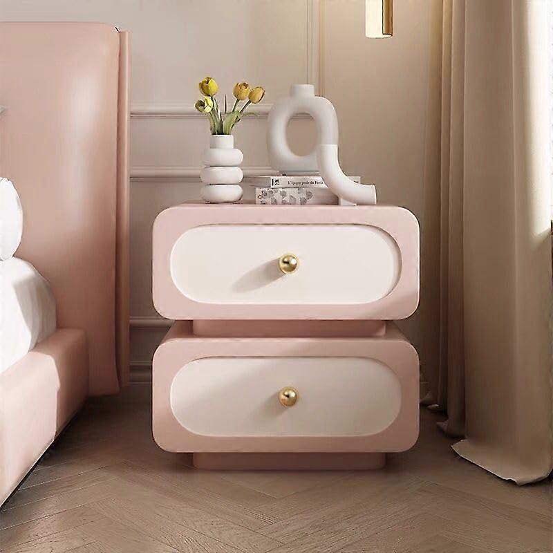 Solid Wood Bedside Table with Drawers, Modern Nightstand, Waterproof Leather, Pink 50cm