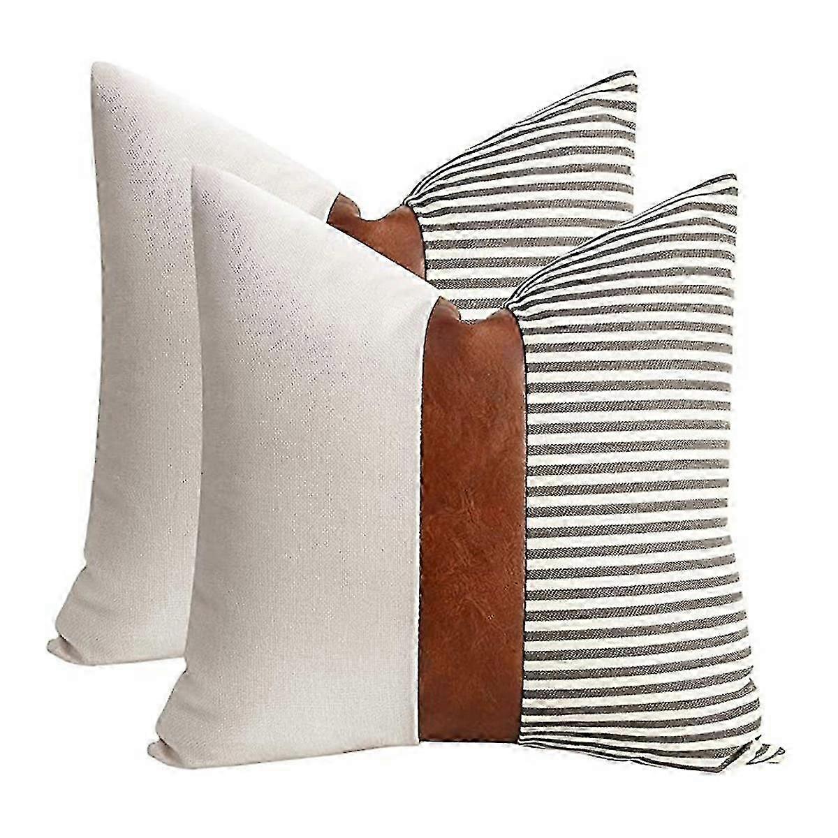 Ensemble de 2 Farmhouse Decor Stripe Patchwork Linen Throw Pillow Covers