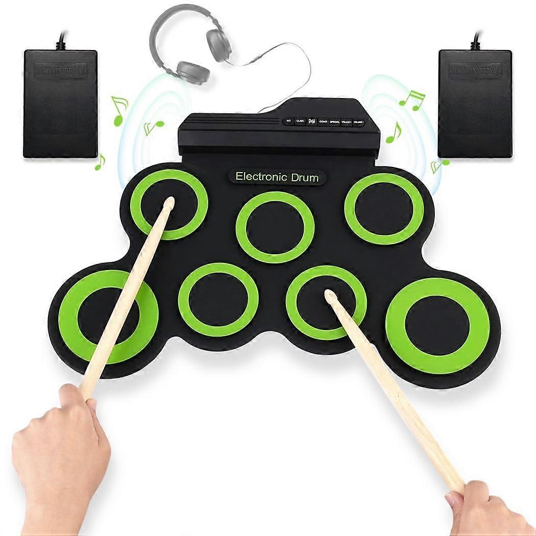 Bateria eletrônica com 7 pads e pedais, alimentação via USB e bateria, saída para fones de ouvido para iniciantes.