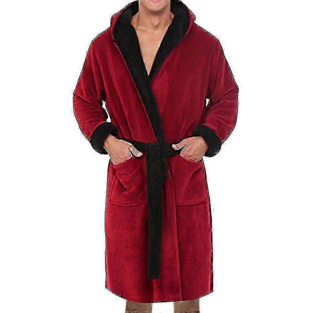 Men Hooded Fleece Dressing Bathrobe