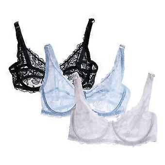 3-teiliges Set sexy, durchsichtiger BHs, ungefüttert, mit Bügeln, aus Spitze und Mesh, ungepolstert, ultradünn, transparent