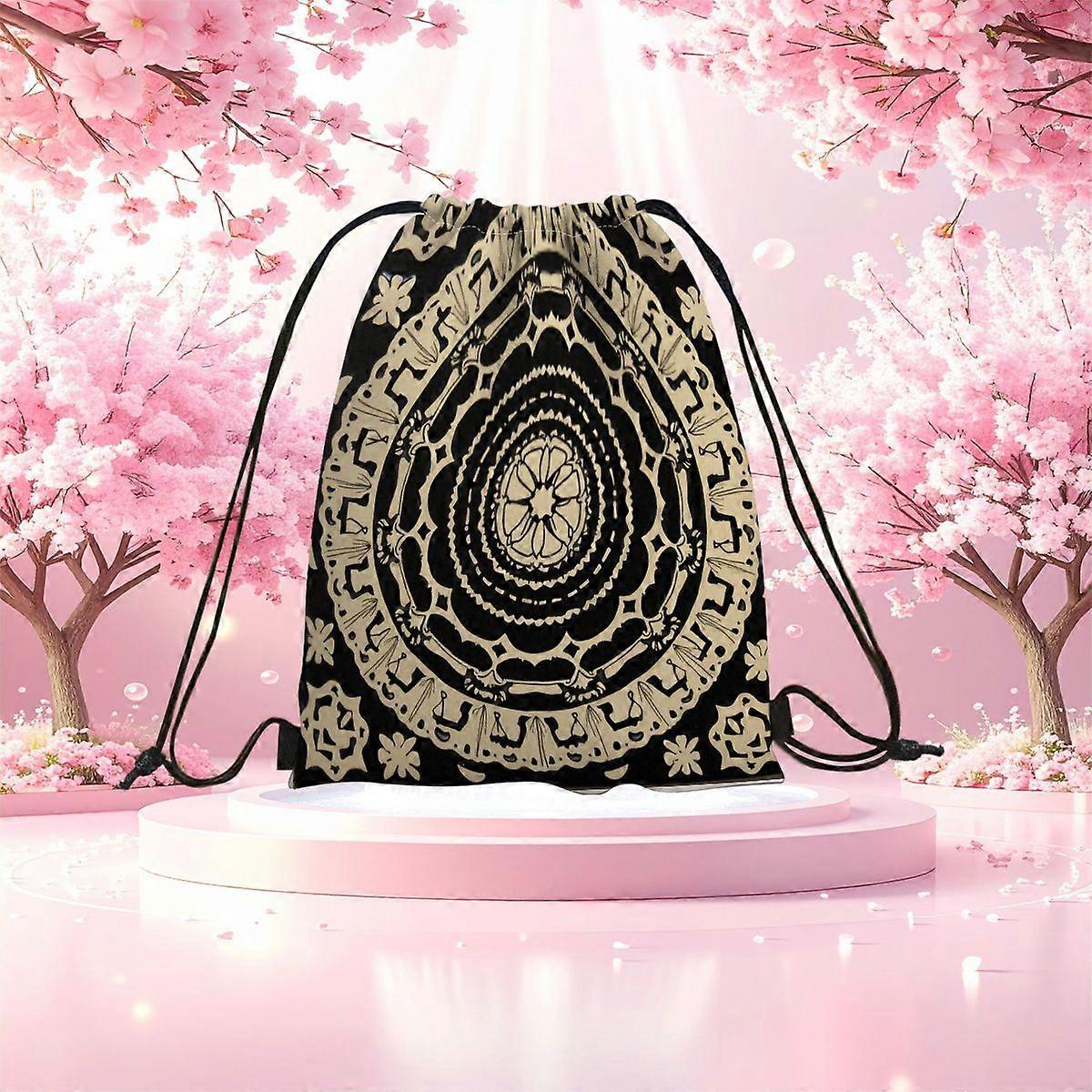 2D Flat Drawstring Bag, Mandala Pattern Drawstring Backpack - Large Capacity Foldable Rucksack, Exquisite Black Rice Col-Cqazw