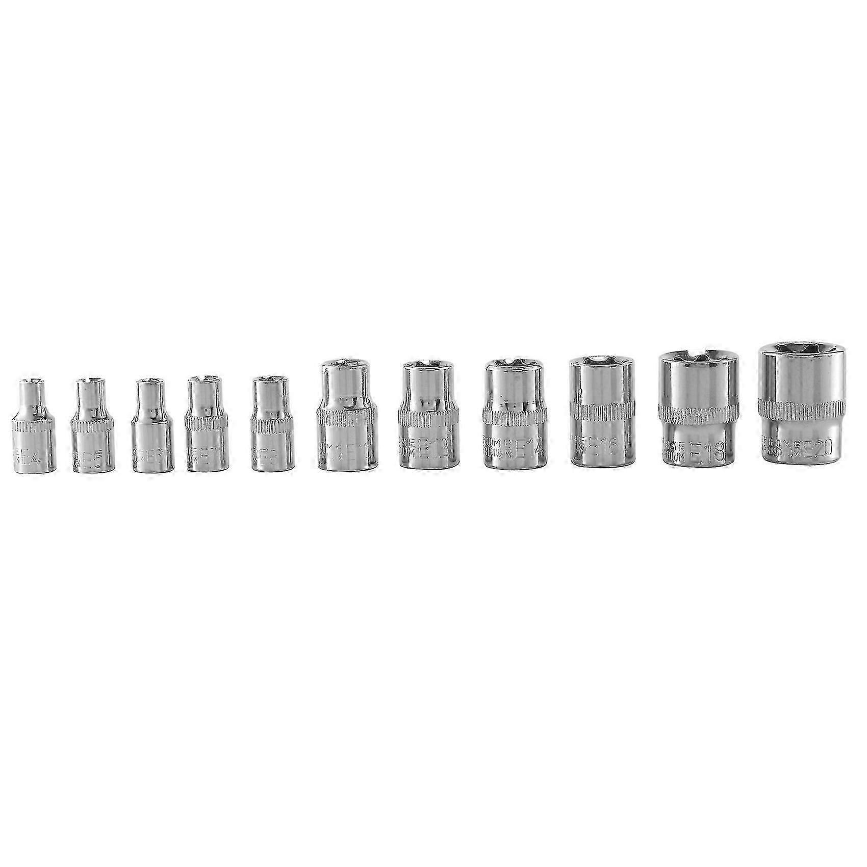 11-Piece E-Torx Socket Set, External Star Bit Sockets E4 to E20, Chrome Vanadium Steel, for Torque Applications, 1/4" and 3/8" Drive with Storage Rail