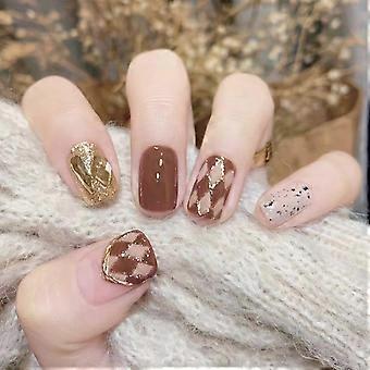 Medium Square Press On Nails 24 Piece Glue On Nail Kit Gold Glitter Checkerboard Design LongLasting Wear