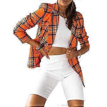 Womens Tartan Button Long Sleeve Blazer Ladies Stylish Slim Fit Coat Jacket Suit