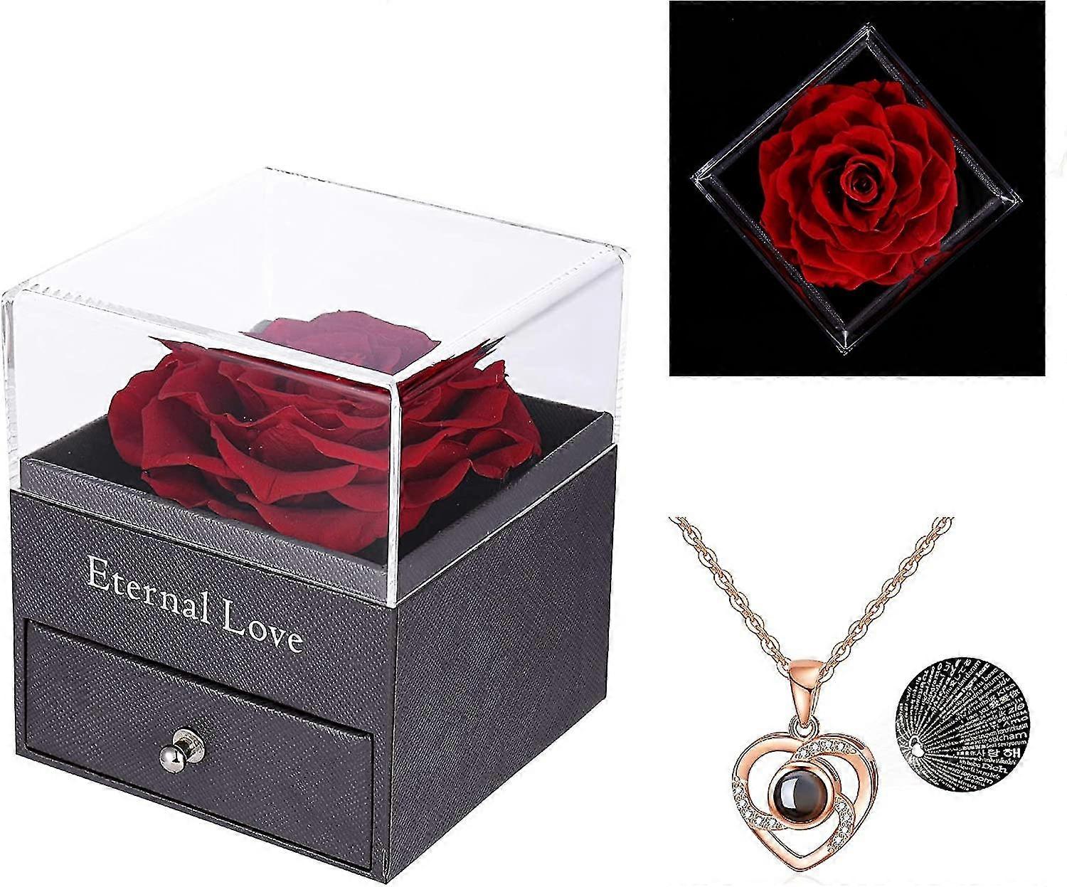 Geconserveerde roos met I Love You ketting in 100 talen, eeuwige