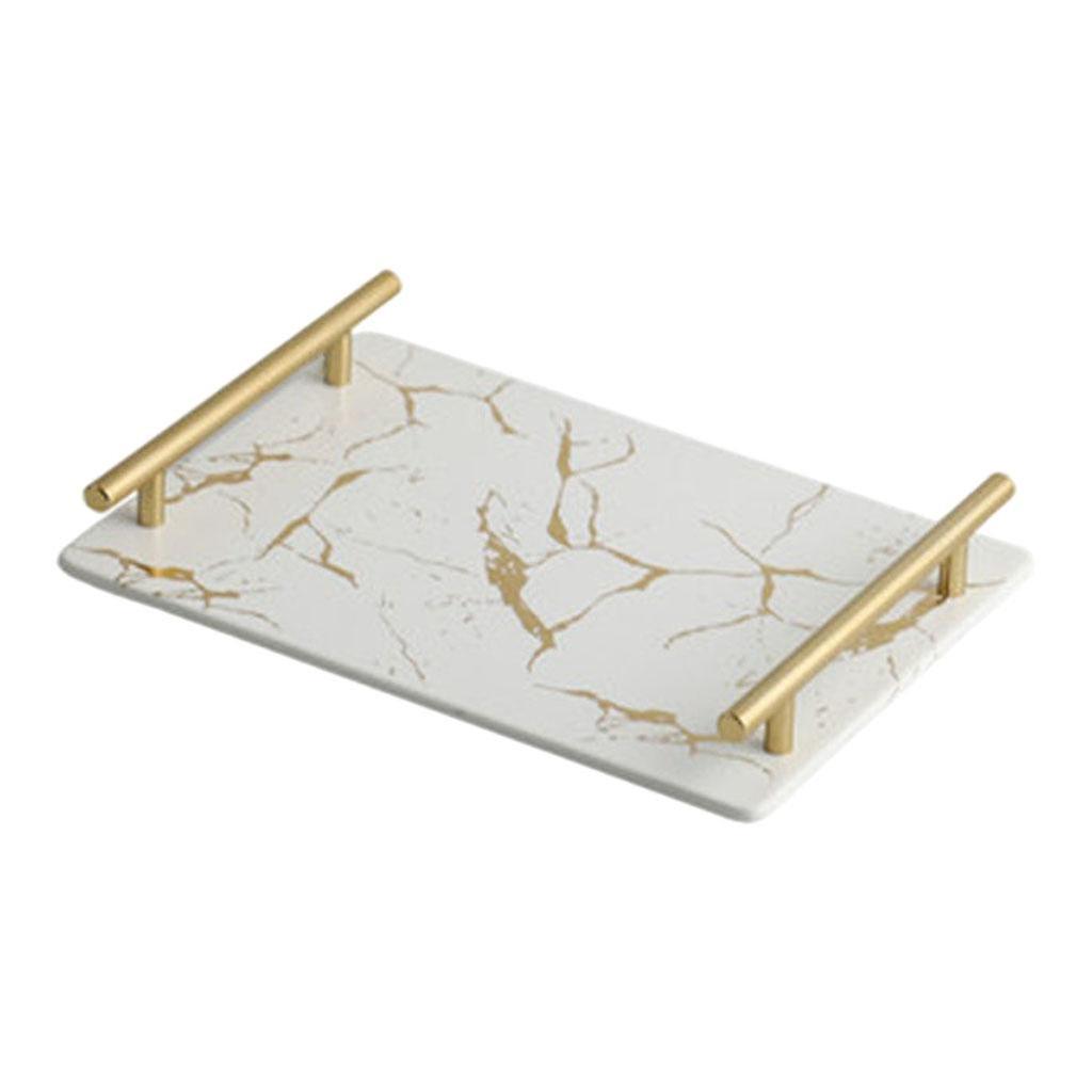 Marble Serving Tray with Handle Easy Clean for Home Living Room Decoration White Rectangle