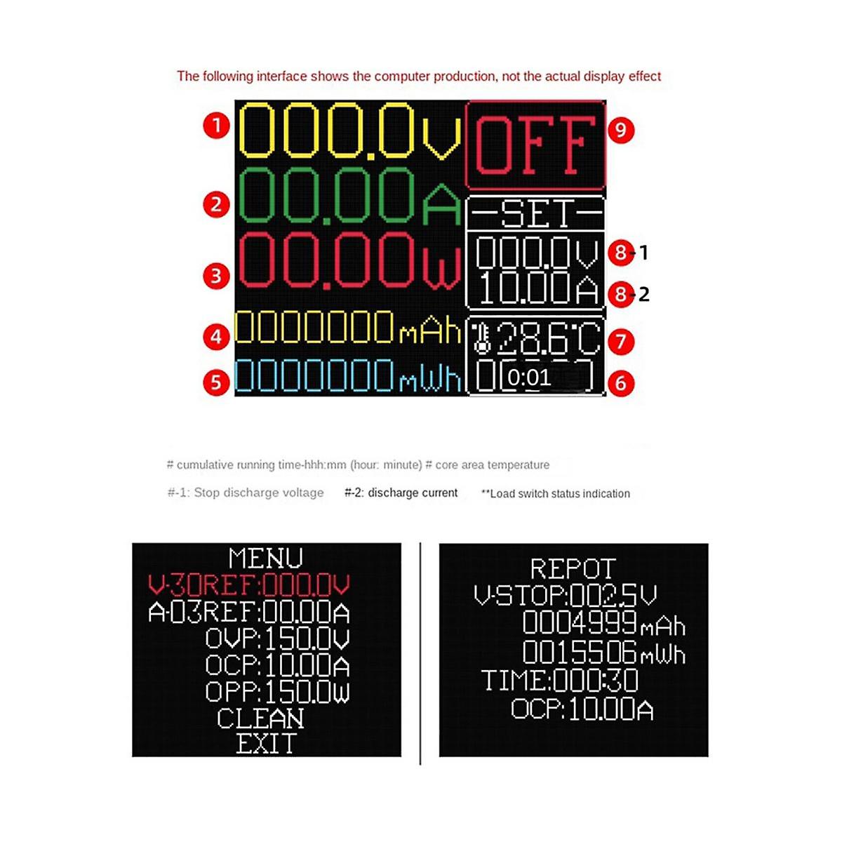 150W 4-Wire Battery Capacity Tester 1.77 Inch TFT Color Screen CNC Type Electronic Load Discharge T
