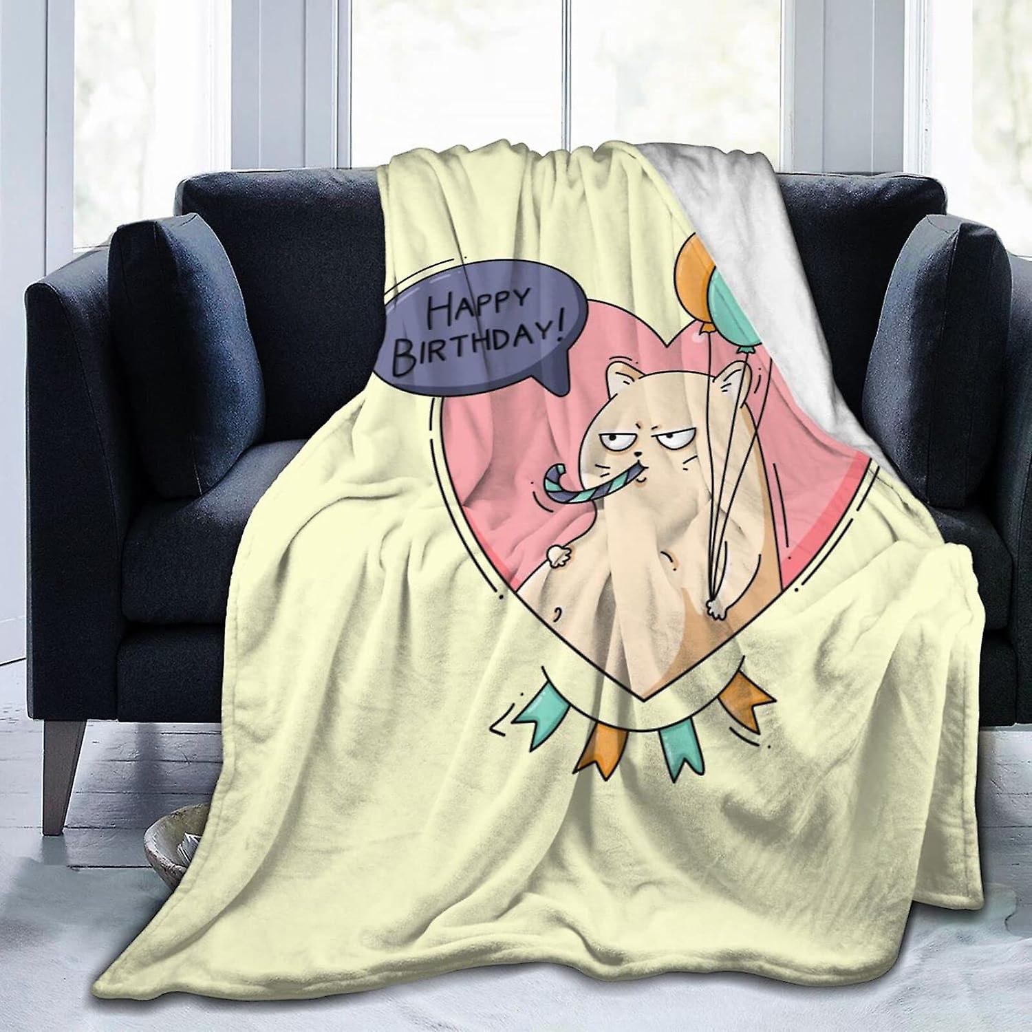 Flannel Print Blanket Funny Cat Birthday Icon Throw Blanket, Soft Throws, Warm Blanket for Sofa Bed Couch Throw ABD9227