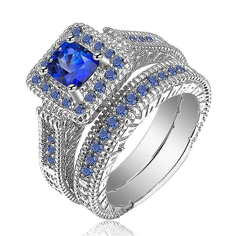 Silver Dot Diamond And Square Sapphire Set Ring - Fashionable Temperament Point Diamond Set Square Sapphire Set Ring