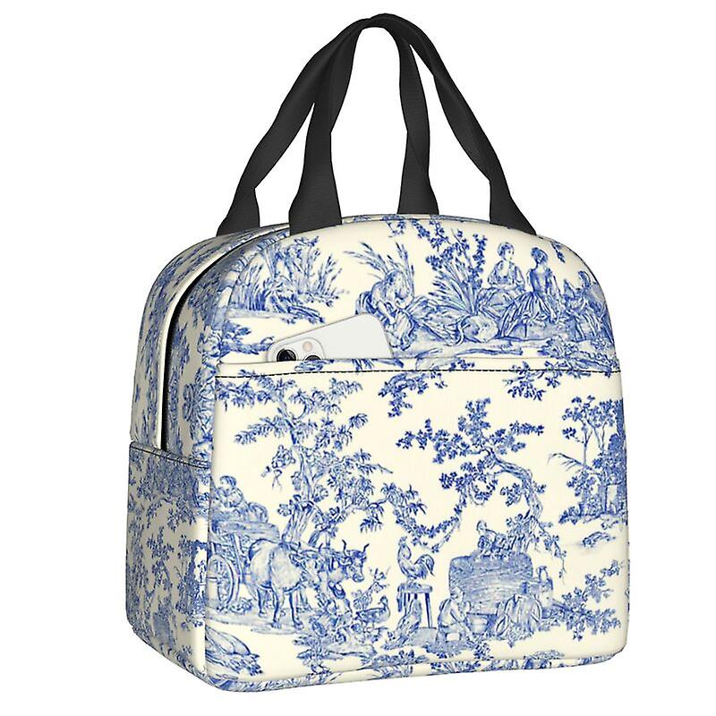 Toile De Jouy أزرق داكن زخرفة معزولة حقيبة غداء للنزهة في الهواء الطلق تبريد حراري صندوق غداء النساء الأطفال الغذاء حاوية حمل حقيبة
