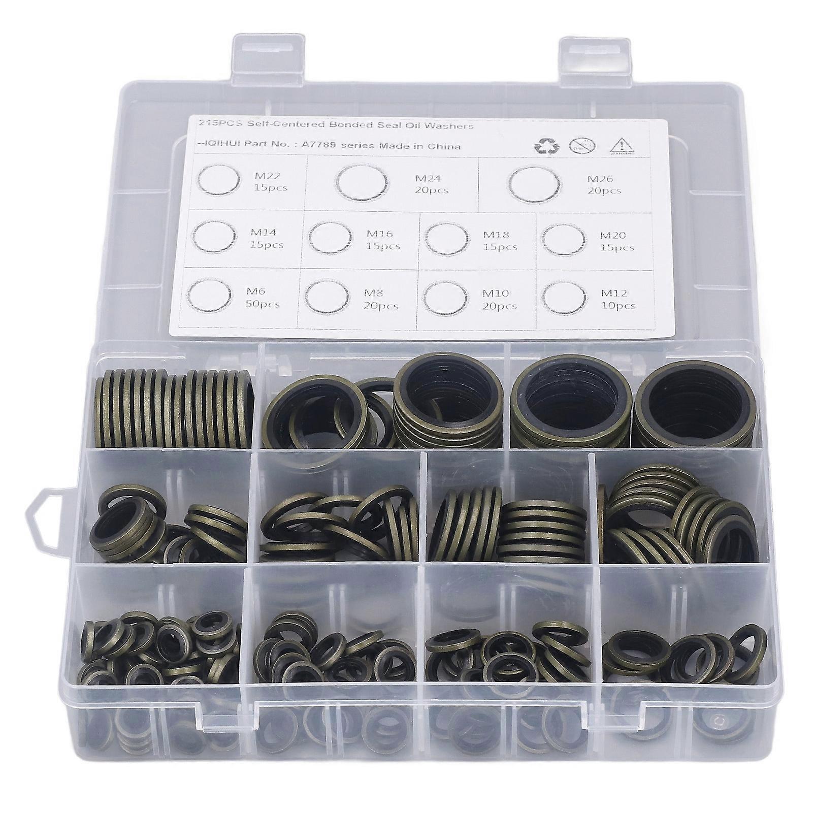 215Pcs Drain Plug Gasket Metal Rubber O Shaped Oil Seal 11 Specifications Assortment