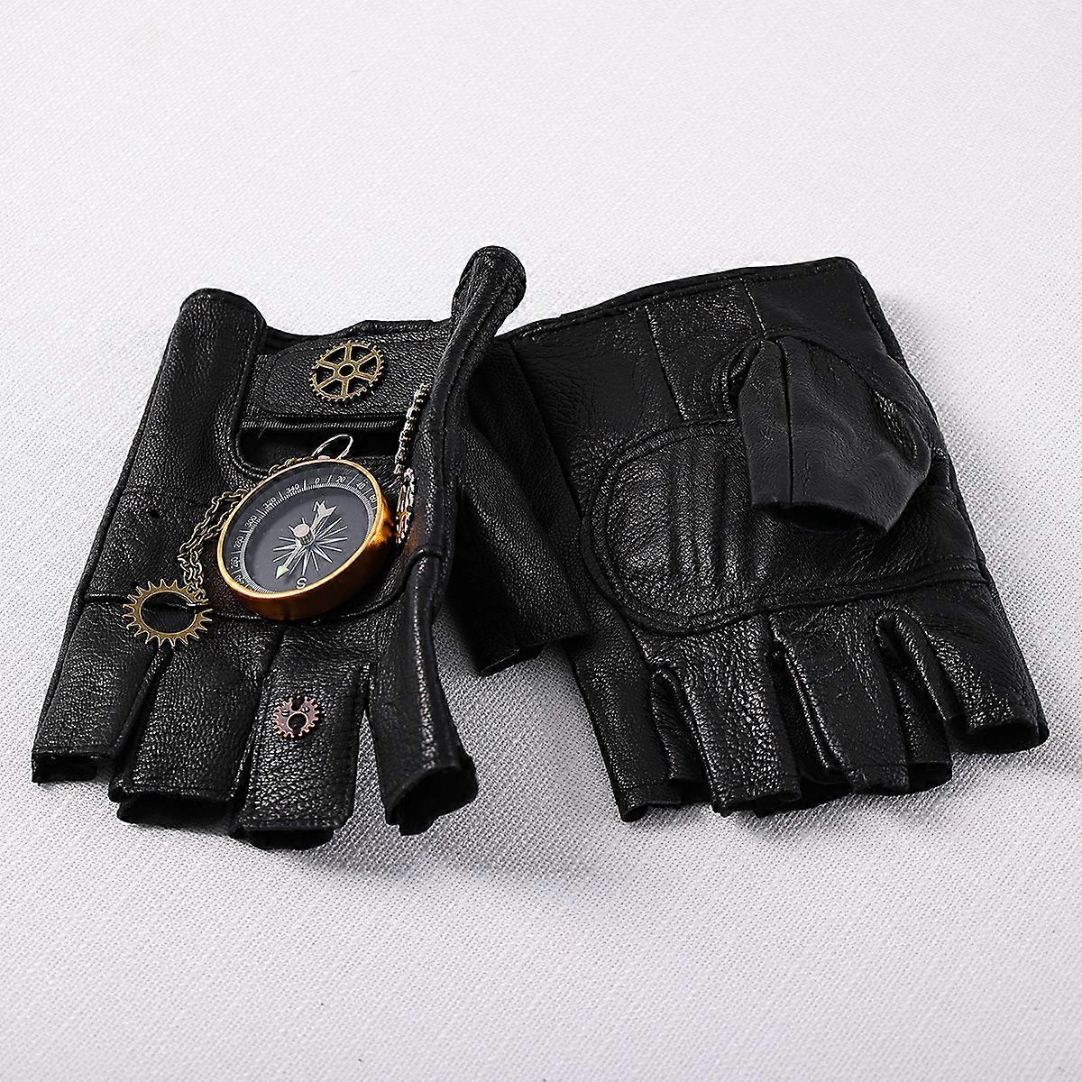Steampunk Pu Läder Fingerless Kompass Handskar Män Kvinnor Mode Hip Hop Punk Handskar Half Finger Handskar