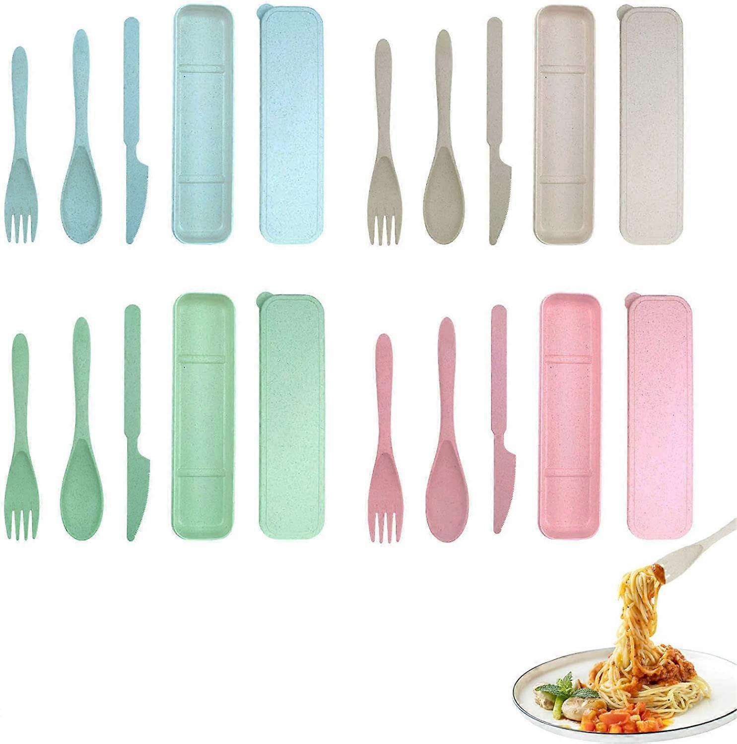 4 Sets Cutlety Set with Case, Reusable Portable Utensils Plastic Spoon Knife Fork