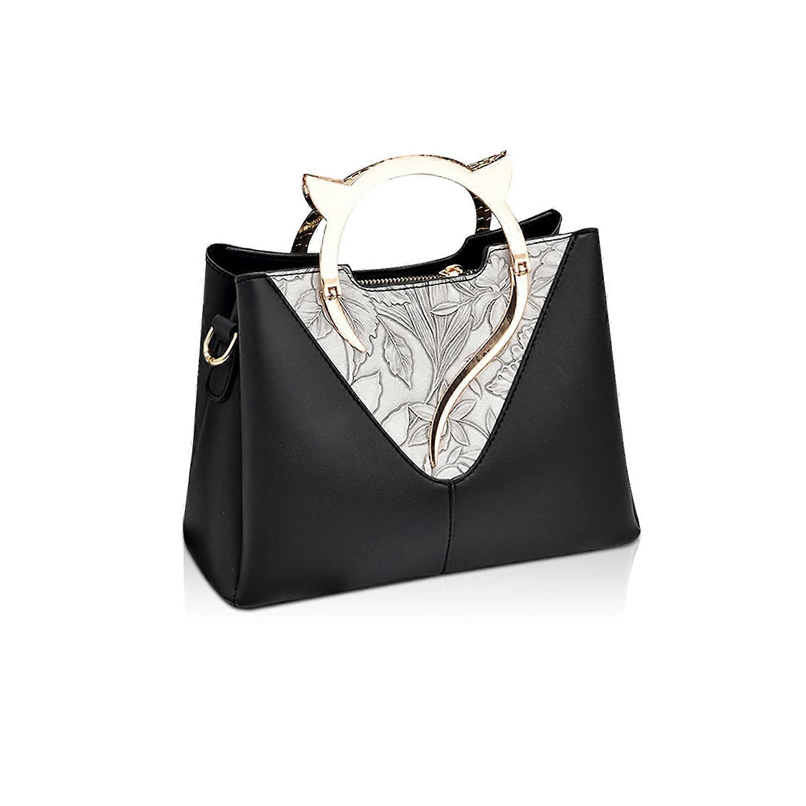 LINJOU Designer Cat Shape Handle Top-Handle Bags Crossbody Bag with Carved Pattern (Black)