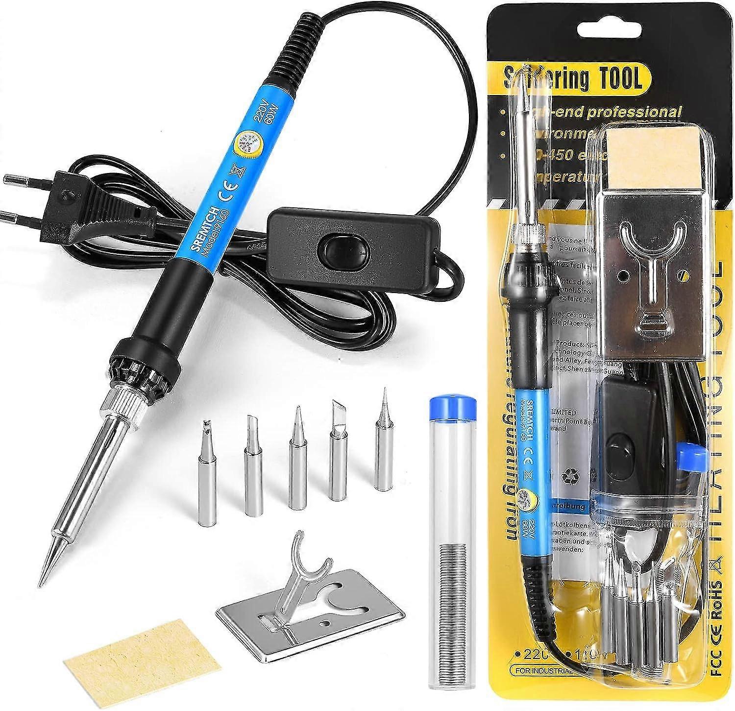Soldering Iron Set With Temperature Adjustable And On/off Switch, 9-in-1 Soldering Sets, 5 Soldering Iron Tips, 10 G Soldering Wire
