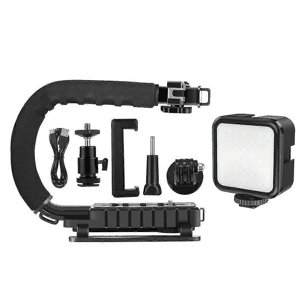 Portable Handheld Camera Bracket Stabilizer + Led Fill Light Kit With Cold Shoe Tripod Head For All