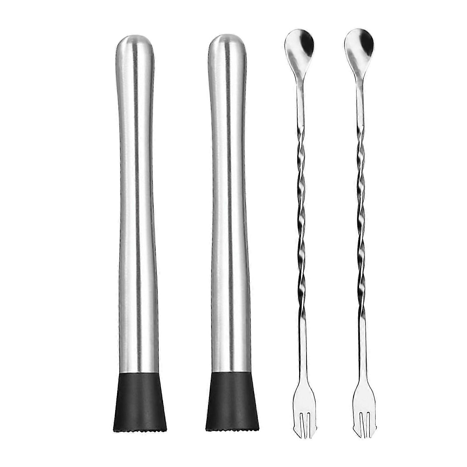 2pcs 10inch Crushing Ice Cocktail Muddler Kitchen Home Bar With 2 Mixing Spoon