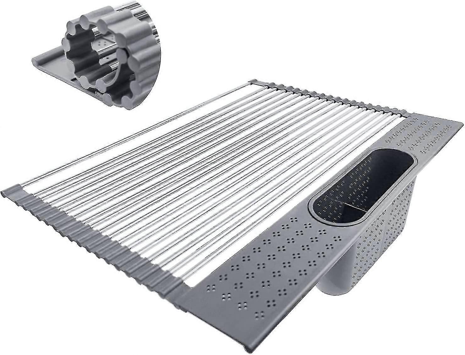 Roll Up Dish Drying Rack Large Over The Sink Dish With Utensil Holder Foldable Sink Rollable Rack For Kitchen Sink Counter [light Grey, 20"x 15.2"]